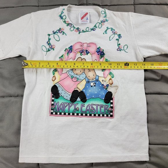 Vintage Jerzees Kids Small White T Shirt Happy Easter Bunny Short Sleeve Cute - Picture 6 of 9